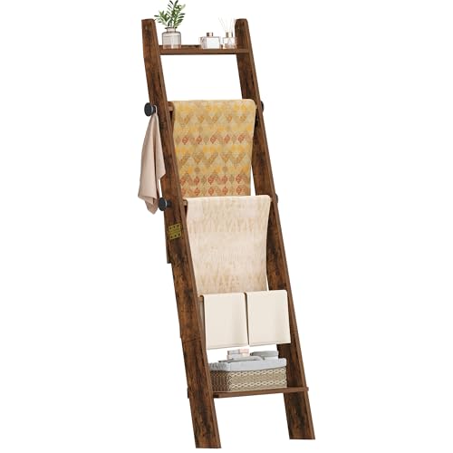 Hzuaneri Blanket Ladder, Decorative Quilt Rack with 4 Removable Hooks | 5-Tier Blanket Ladder Shelf for Bedroom Living Room, Rustic Brown BR30501X - size: 5.6"D x 17"W x 62.5"H