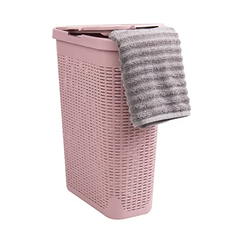 Mind Reader Slim Laundry Hamper with Lid, 40L Clothes Basket, Narrow Tapered Design with Ventilated Cutout Pattern, Plastic, Pink - color: Pink, size: Single