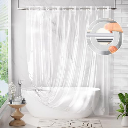 AmazerBath No Hook Shower Curtain and Liner 3-in-1, 100% EVA Luxury Soft Heavy Duty Clear Shower Liner, 72x75 Hookless Shower Curtain with 3 Heavyweight Stones - color: Rainbow Ethereal