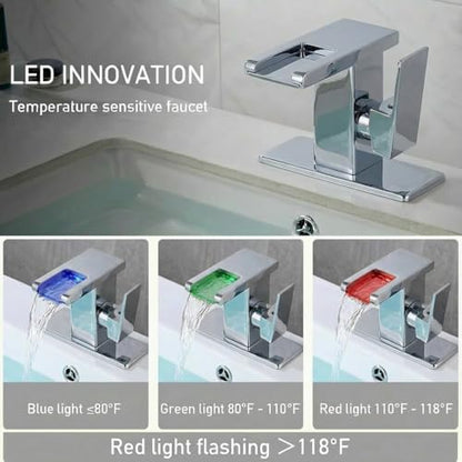 AVSIILE LED Bathroom Sink Faucet, Chrome Waterfall Single Hole Handle Vanity Faucets for Sinks 1 Hole with Metal Pop Up Drain and 2 Water Supply Lines, Side Handle - color: Chrome