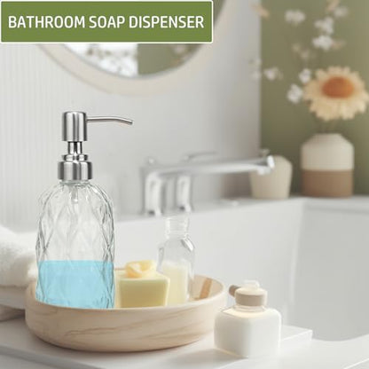 12Oz Clear Glass Soap Dispenser with Stainless Steel Pump, Diamond Design | Refillable Kitchen Liquid Hand Soap Dispenser, for Dispense Hand soap, Dish Soap, Lotion, Bathroom, Countertop, Hotel - color: Clear a