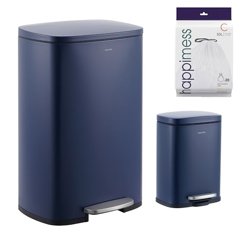 happimess Connor 2-Piece Iron Trash Can, Denim Blue | 13.2 And 1.3 Gallons, Rectangular, Soft-Close Lid, Step Pedal, 20 Liners, 26" And 12" Height - color: Denim Blue