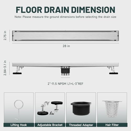 28 Inch Linear Shower Floor Drain, Stainless Steel | Bathroom Floor Drains, Rectangular Shower Trench Floor Drain, Hair Strainer, Brushed Nickel