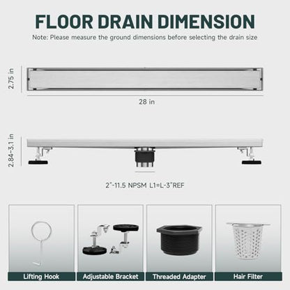 28 Inch Linear Shower Floor Drain, Stainless Steel | Bathroom Floor Drains, Rectangular Shower Trench Floor Drain, Hair Strainer, Brushed Nickel
