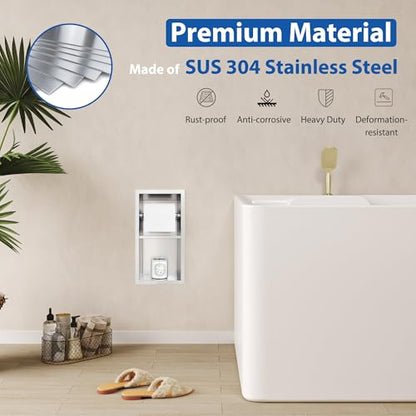 Qeke Recessed Toilet Paper Holder, Dual Rolls Tissue Toilet Holder, Brushed | 304 Stainless Steel, Rustproof & Durable, Space-saving, in Wall Tissue Holder for Bathroom & RV - color: Brushed Nickel
