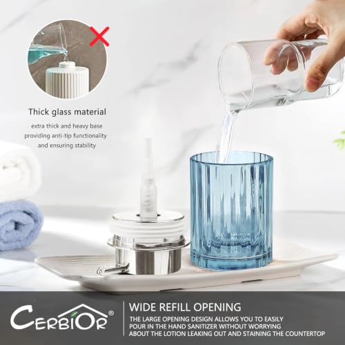 CERBIOR Bathroom Accessories Set, 4 PCS Glass Bathroom Set,Silver Blue | Includes Soap Dispenser, Toothbrush Holder, Toothbrush Cup, Soap Dish for Decorative Countertop and Housewarming Gift - style: Silver Blue