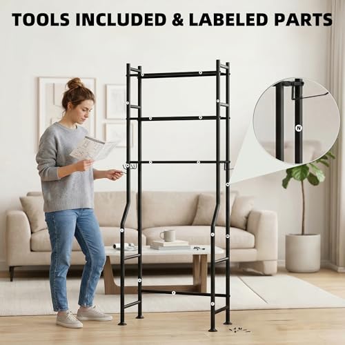 GloTika 3-Tier Over Toilet Storage, Anti-Tilt, 64" H, Black, 2 Baskets | Anti-Tilt Safety System, 150lb Capacity, Carbon Steel, Freestanding, No Drilling, Anti-Rust Coating, Paper Holder & 4 Hooks - color: Black-with 2 Basket, size: 3-Tier