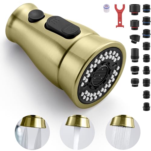 TIORIY Kitchen Faucet Head Replacement with 15 Adapters, 3 Modes Kitchen Faucet Sprayer Replacement Head, Pull Down Kitchen Faucet Spray Nozzle, Brushed Gold - color: Brushed Gold