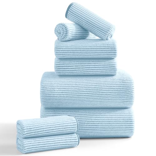 8-Piece Premium Towel Set for Bathroom|2 Oversized Large Bath Sheet,2 Hand Towels,4 Washcloths|Soft Cozy Highly Absorbent Fast Dry Microfiber Shower Towel Set for Hotel Bathroom Essentials,Blue White - color: Blue/White, size: 8 Piece Towel Set (Mixed Siz