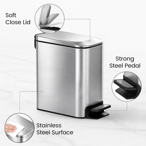 TIPGO Slim Bathroom Trash Can with Lid Soft Close, Step Pedal, 6 Liter / 1.6 Gallon Stainless Steel Garbage Can with Removable Inner Bucket, Anti-Fingerprint Finish (Silver) - color: Silver