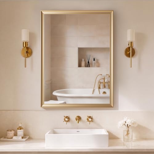 Gold Bathroom Mirror 30x40 Inch, Rectangle Vanity Mirror | Brushed Gold Bathroom Mirror for over sink, Bedroom, Entryway, Living Room, Aluminum Alloy Framed, Curved Wide Edge - color: Brushed Gold, size: 30"L x 40"W