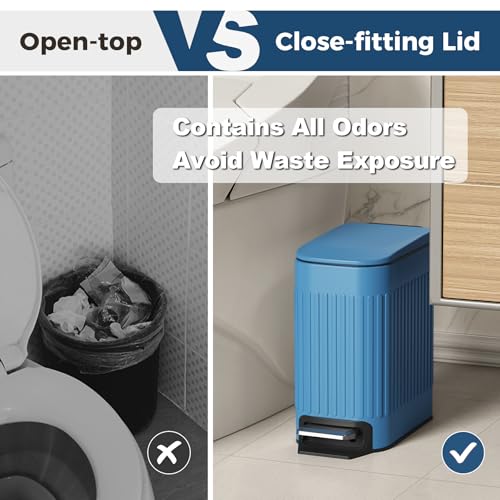 TrashAid Slim Bathroom Trash Can with Lid Soft Close & Pedal, 1.6Gal, Blue | Removable Inner Bucket, Stainless Steel Garbage Can, Small Wastebasket for Toilet/Office/Bedroom, Retro Design, Odor Control - color: Blue