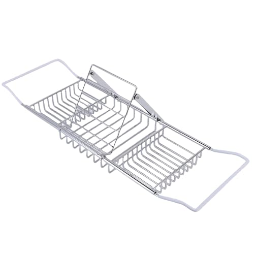Yctze Stainless Steel Bathtub Tray, Adjustable Shower Tub Caddy with Extendable Sides & Removable Book Holder for Bathroom Accessories (Silver) - color: Silver