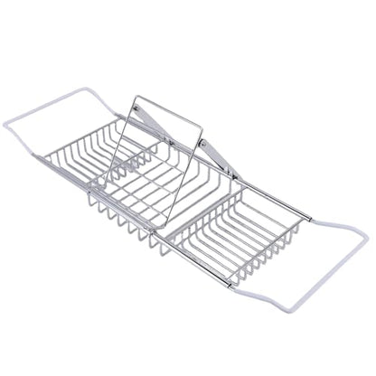 Yctze Stainless Steel Bathtub Tray, Adjustable Shower Tub Caddy with Extendable Sides & Removable Book Holder for Bathroom Accessories (Silver) - color: Silver