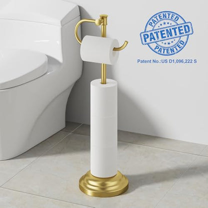 RUMOSE Toilet Paper Holder Stand for Floor, Brushed Gold | Bathroom Free Standing Toilet Tissue Roll Holder with Storage, Adjustable 17-25 Inch, Rustproof, SUS304 Stainless Steel - color: Brushed Gold