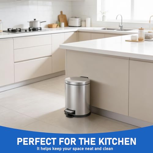 SIMPLYKLEEN Bathroom Trash Can with Lid - 2PC 1.3 Gallon/5L Oval Small Trash Can with Soft-Close Lid, Foot Pedal, Brushed Stainless Steel, Removable Liner, Garbage can for Kitchen, Office, Home Silver - color: Silver, size: 5L Oval 2PC