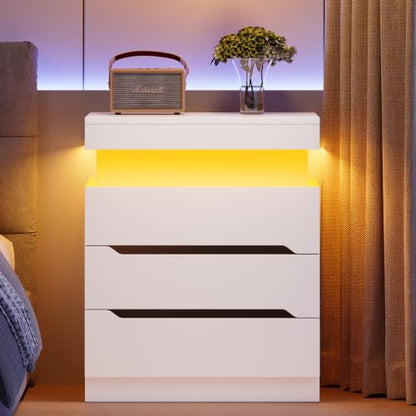 Night Stand with 3 Drawers, Nightstand with App-Controlled Adjustable LED Light, Bedside Table with Slidable Hidden Storage Space, Modern Nightstands for Bedroom,White - color: Unbzx032wd-zf