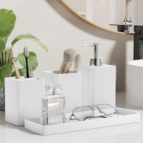 White Bathroom Set, White Bathroom Accessories Sets with Shower Curtain and No-Slip Bath Rugs, Natural Loofah Sponge, Soap Dispenser, Toothbrush Holder, Toothbrush Cup and Tray for Bathroom - size: Bath Set+Shower Curtain+Bath Rugs+2PCS Loofah, style: Whi