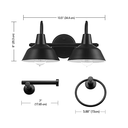 Globe Electric 63000004 3-Piece Bathroom Set, Matte Black, 15.5" 2-Light Vanity Light, Towel Ring, Toilet Paper Holder, Bulb Not Included - color: Matte Black, Brooklyn (3-Piece)