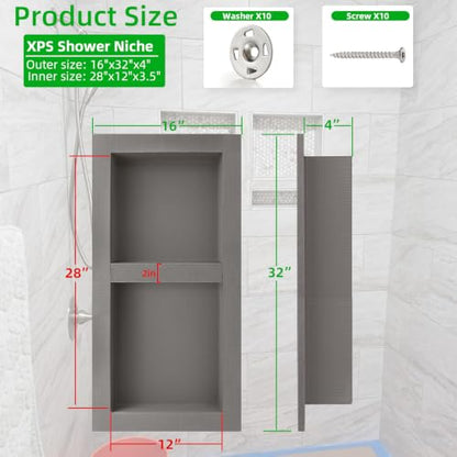 Tile Ready Shower Niche Insert 12"x28",Embedded Size 13"x29",Depth 4" | Waterproof and Ready-to-Tile Niche for Shower Wall,Recessed Showers Shelf Niches Box for Bathroom Renovation/Soap Storage - size: Inner 12"x28"/Outer 16"x32"