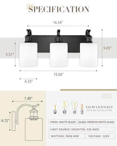 Black Vanity Light, 3-Light Bathroom Light Fixture, Modern Wall Sconce with Milk Glass, VL01BKW-3 - color: Black & Milk Glass, size: 3 LIGHT