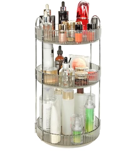 Skincare Organizers 360 Rotating, 3 Tier Round Makeup Organizer Countertop,Holder Rack Large Spinning Cosmetics Display Cases, Perfume Beauty Storage for Vanity, Countertop, Bathroom (Gray) - color: Gray
