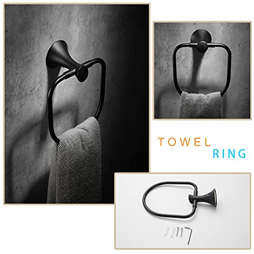 NEWRAIN 3-Piece Bathroom Hardware Set, Matte Black - Hand Towel Ring, Toilet Paper Holder, Robe Towel Hooks