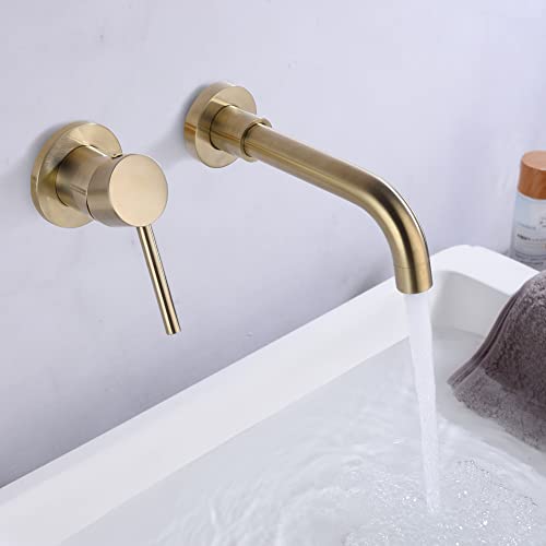 SUMERAIN Wall Mounted Bathroom Sink Faucet, Brushed Gold | 360°Swivel Spout, Lavatory Faucet, Left-Handed Single Handle, Includes Brass Rough-in Valve - color: Brushed Gold, size: Left-Handed