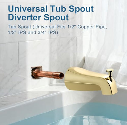 Universal Gold Tub Spout for 1/2" Copper Pipe, 1/2" IPS and 3/4" IPS, Bathtub Faucet with Diverter and Adapter and Hex Wrench (Polished Gold) - color: Polished Gold