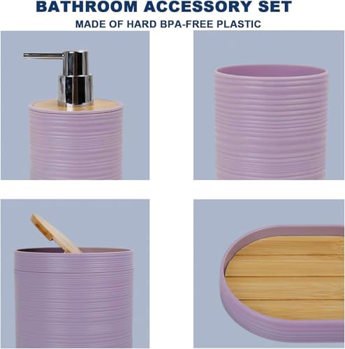 CERBIOR Bamboo Bathroom Accessories Set 6 Piece Spiral Bath Ensemble,Purple | Includes Soap Dispenser, Toothbrush Holder, Toothbrush Cup, Soap Dish for Decorative Countertop and Housewarming Gift - style: Purple