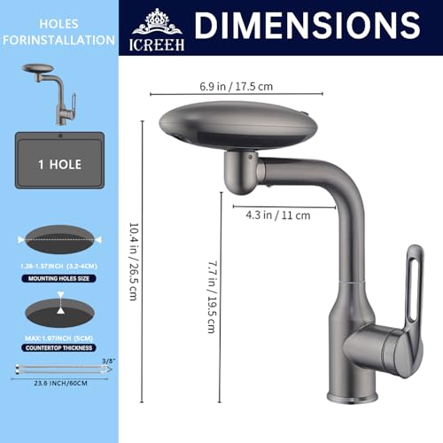 Bathroom Sink Faucet 1 Hole, Gunmetal Grey Multifunctional Basin Faucet with 4 Water Outlet Modes, Modern 360°Rotatable Bar Tap with Two Water Supply Pipes - color: Gray
