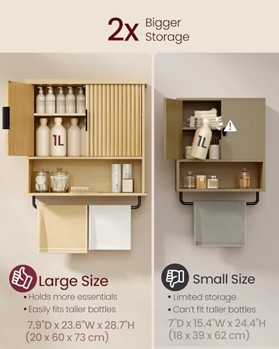VASAGLE MAXE Collection - Bathroom Cabinet Wall Mounted, Over Toilet Hanging Cabinet with Adjustable Shelf, Towel Bar, Fluted Doors, 7.9 x 23.6 x 28.7 Inches, Transitional, Oak Beige UBBK135Y01S - color: Oak Beige, style: 2Doors（28.7"H）
