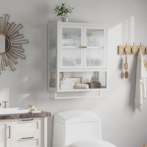 Bathroom Wall Cabinet with 2 Glass Door, Bathroom Medicine Cabinet with Towels Bar and Shelves, Over The Toilet Storage Cabinet, Metal Wall Mounted Cabinet for Kitchen (Upgraded White) - color: Upgraded White