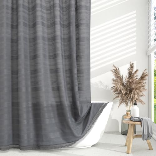 Boho Farmhouse Shower Curtain Set with Tassel, Linen Bohemian French Country Chic Bathroom Shower Curtain Set, Modern Striped Textured Shower Curtain 72x72 - Grey - color: Grey, size: 72"W x 72"L (Pack of 1)