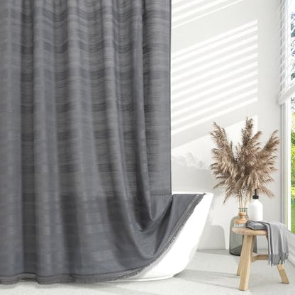 Long Boho Farmhouse Shower Curtain Set with Tassel, Linen Bohemian French Country Chic Bathroom Shower Curtain Set, Modern Striped Textured Shower Curtain 72x78 - Grey - color: Grey, size: 72"W x 78"L (Pack of 1)