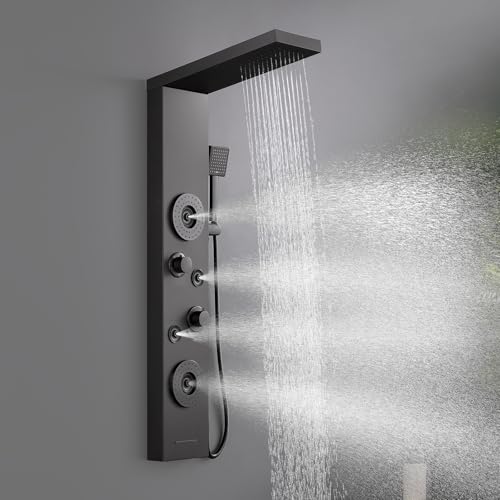 5 in 1 Rainfall Shower Panel Tower with Tub Spout, Matte Black | Stainless Steel Shower Column with 2-Setting Body Massage Jets, Flexible Handheld and Waterfall Tub Spout - color: Matte Black
