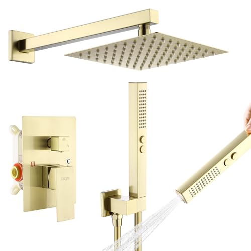 Rain Shower System, 8''Square Rain Head,2-Spray Handheld,Gold | 2 Spray Functions,Anti-Tangle Explosion-proof PVD Hose,Balance Temp Valve,Rust-proof & Scratch-resistant - color: Brushed Gold, size: 8 Inch