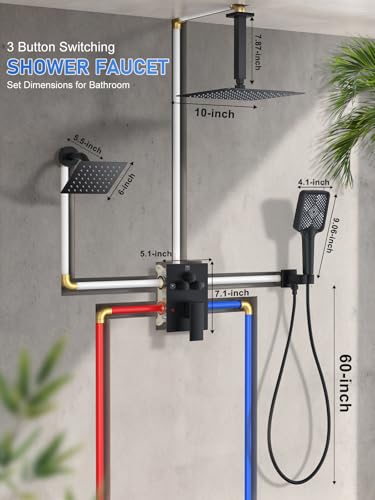 Woindo Shower Faucet Set, 10" Ceiling Mount Rainfall Shower System with 2 Rain Shower Head and Multi-function Handheld Head Push Button Diverter Shower Faucet Trim Kit - color: Matte Black, style: 10"-Ceiling-01