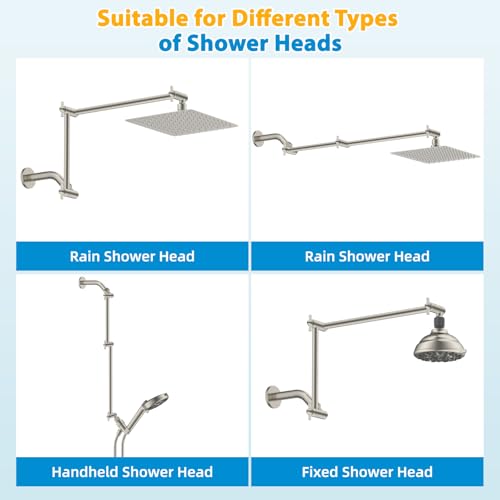 All-Metal 20" Shower Head Extension Arm, G1/2" Universal, Brushed Nickel | Flexible Brass Shower Extender Height/Angle Adjustable for Tall People, Stainless Steel Shower Pipe Extended with Lock Joint - color: Brushed Nickel, size: 20 Inch