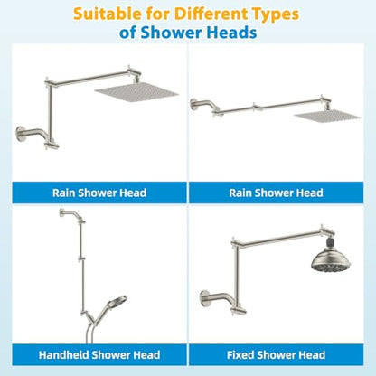 All-Metal 20" Shower Head Extension Arm, G1/2" Universal, Brushed Nickel | Flexible Brass Shower Extender Height/Angle Adjustable for Tall People, Stainless Steel Shower Pipe Extended with Lock Joint - color: Brushed Nickel, size: 20 Inch