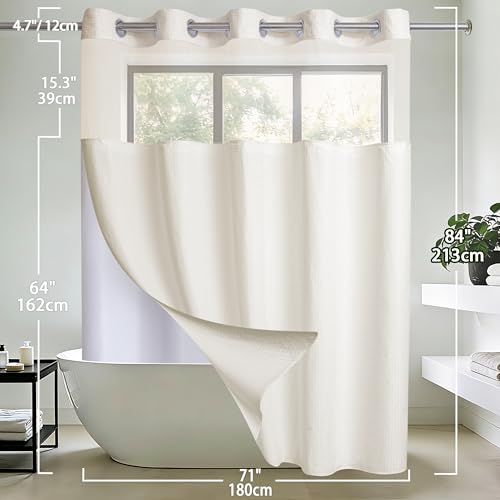 Conbo Mio Extra Long No Hook Waffle Weave Shower Curtain with Snap in Liner Set, Hotel Luxury Beige Shower Curtains for Bathroom with See Through Top Window, Waterproof, Washable 71W x 84H - color: Waffle-beige, size: 71"W x 84"L (Pack of 1)