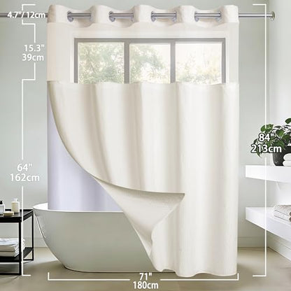 Conbo Mio Extra Long No Hook Waffle Weave Shower Curtain with Snap in Liner Set, Hotel Luxury Beige Shower Curtains for Bathroom with See Through Top Window, Waterproof, Washable 71W x 84H - color: Waffle-beige, size: 71"W x 84"L (Pack of 1)