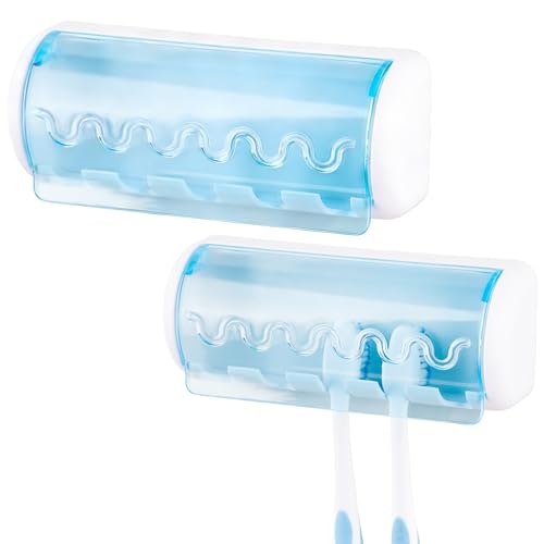 2 PCS Self Adhesive Toothbrush Holder with Cover for Bathroom, 5-Slot Wall Mounted Toothbrush Organizer Rack for Shower, Dorm, Cabinet - color: Blue, size: 2 Pack