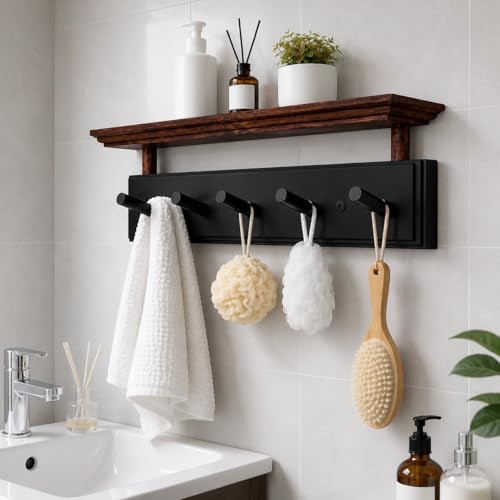 Matías Coat Rack Wall Mount with Shelf, 18 Inch Solid Wood Peg Rail, Wall Mounted Coat Rack with 5 Hooks, Wall Mount Shelf for Entryway, Bathroom or Bedroom (Black and Natural Wood) - color: black and natural wood