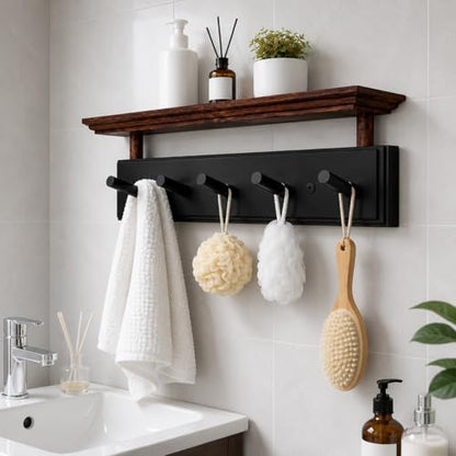 Matías Coat Rack Wall Mount with Shelf, 18 Inch Solid Wood Peg Rail, Wall Mounted Coat Rack with 5 Hooks, Wall Mount Shelf for Entryway, Bathroom or Bedroom (Black and Natural Wood) - color: black and natural wood