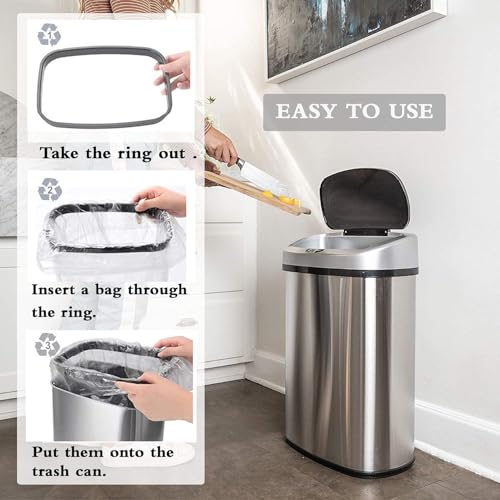 13 Gallon Trash Can with Lid, Automatic Kitchen Trash Cans 50 L Motion Sensor Garbage Can, Brushed Stainless Steel TrashCan for Home Office Bathroom, Sliver