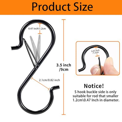 12 PCS S Hooks for Hanging with Safety Buckle, Heavy Duty Metal S Hooks | 3.5 inch S Shaped Hanger Hooks for Hanging Kitchen Utensil, Cups Pots Pan Closet Plants Purse Bags Hats (Black) - color: Black