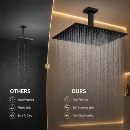 Black Rainfall Shower Head BSTIIU 16 Inch Square Ceiling Mounted Showerhead, Ultra Thin Stainless Steel Overhead Shower Head, Matte Black - color: Matte Black, size: 16-Inches, style: Square