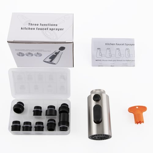 Pull Down Kitchen Faucet Head Replacement Brushed Nickel, 3 Function Kitchen Faucet Head High Pressure Sink Sprayer Replacement with 9 Adapters, American Standard - color: Brushed Nickel