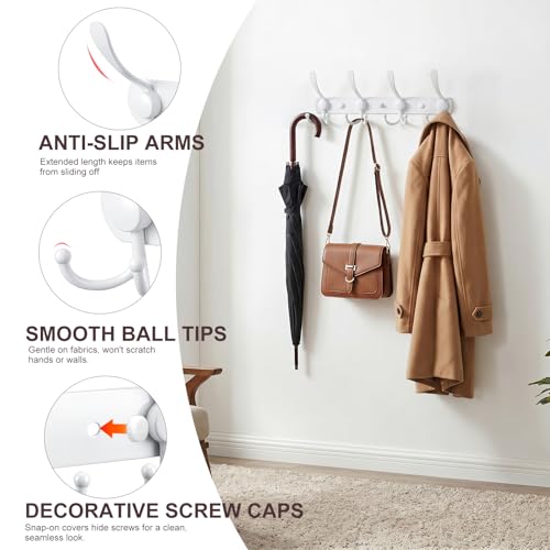 YUNISS Coat Rack Wall Mounted，4 Tri Stainless Steel Coat Hook for Coat Hat Robes Towel in Mudroom Entryway (White, 1 Pack 4) - color: White, size: 1 Pack 4
